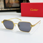Cartier sunglasses with gold square frames and blue lenses, angled view
