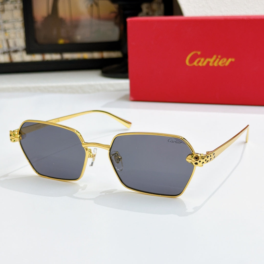Cartier sunglasses with gold square frames and blue lenses, angled view