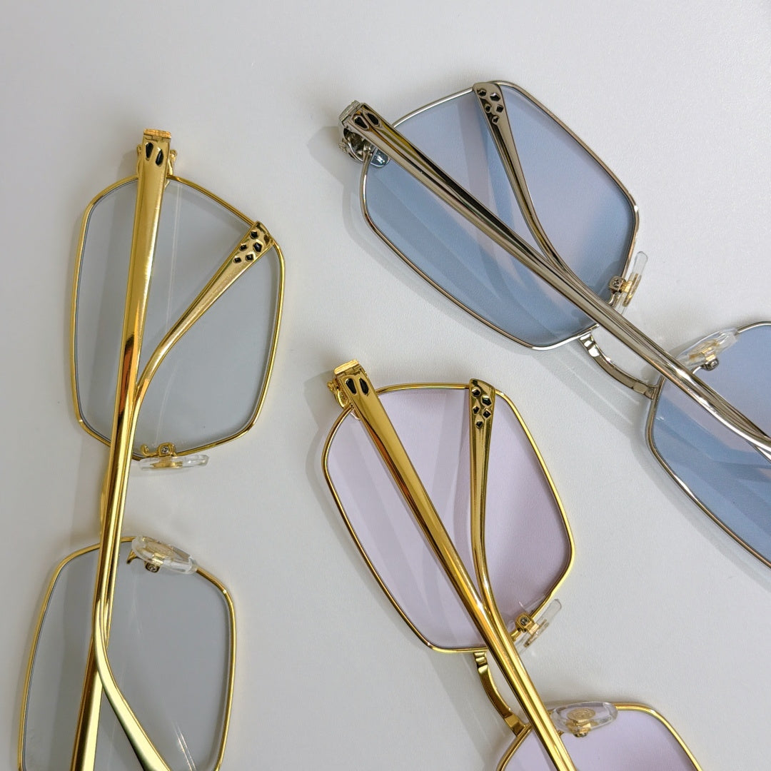 Cartier glasses frame close-up: gold and silver temples and clear lenses