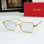 Cartier eyeglasses with gold square frames and clear lenses, front angled view