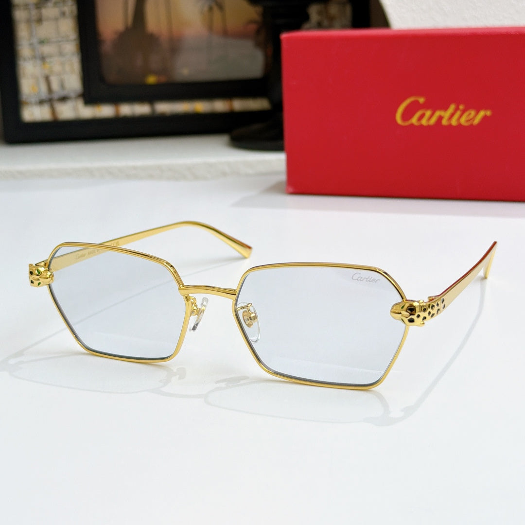 Cartier eyeglasses with gold square frames and clear lenses, front angled view