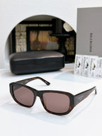 Balenciaga brown square sunglasses with mauve-tinted lenses and dark temple tips