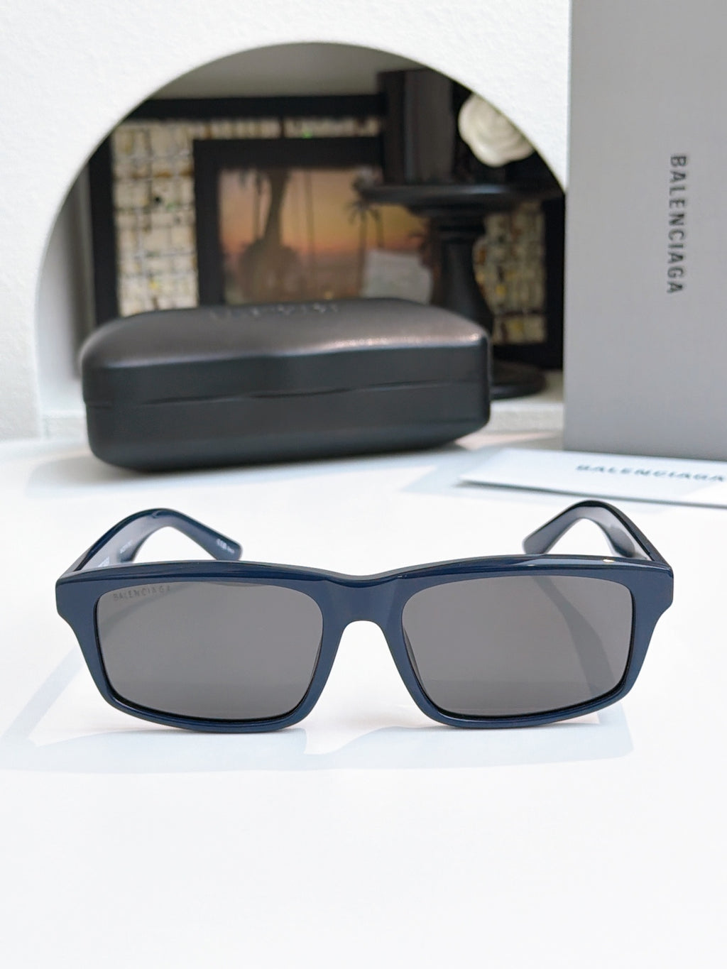 Balenciaga navy blue square sunglasses with dark tinted lenses and thick arms