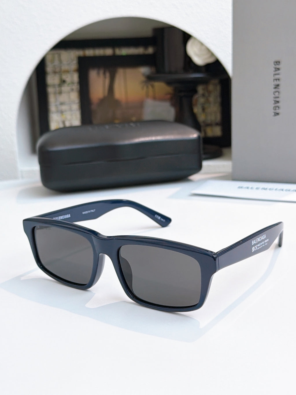 Balenciaga navy square sunglasses with dark tinted lenses and angular frames
