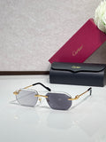 Cartier sunglasses with dark gray lenses and black frame, gold accents
