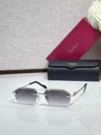 Cartier sunglasses with gray lenses and black frame, gold temple details