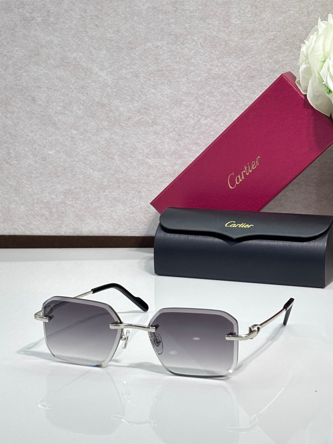 Silver metal-framed eyeglasses with light gray tinted lenses