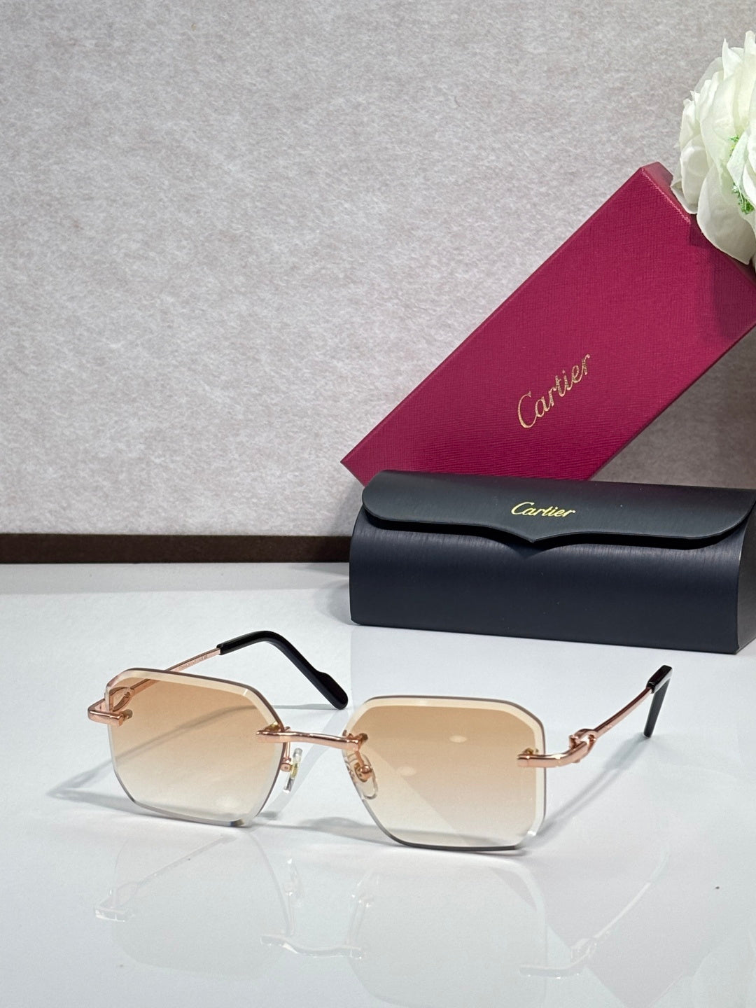 Rose gold metal-framed eyeglasses with beige tinted lenses