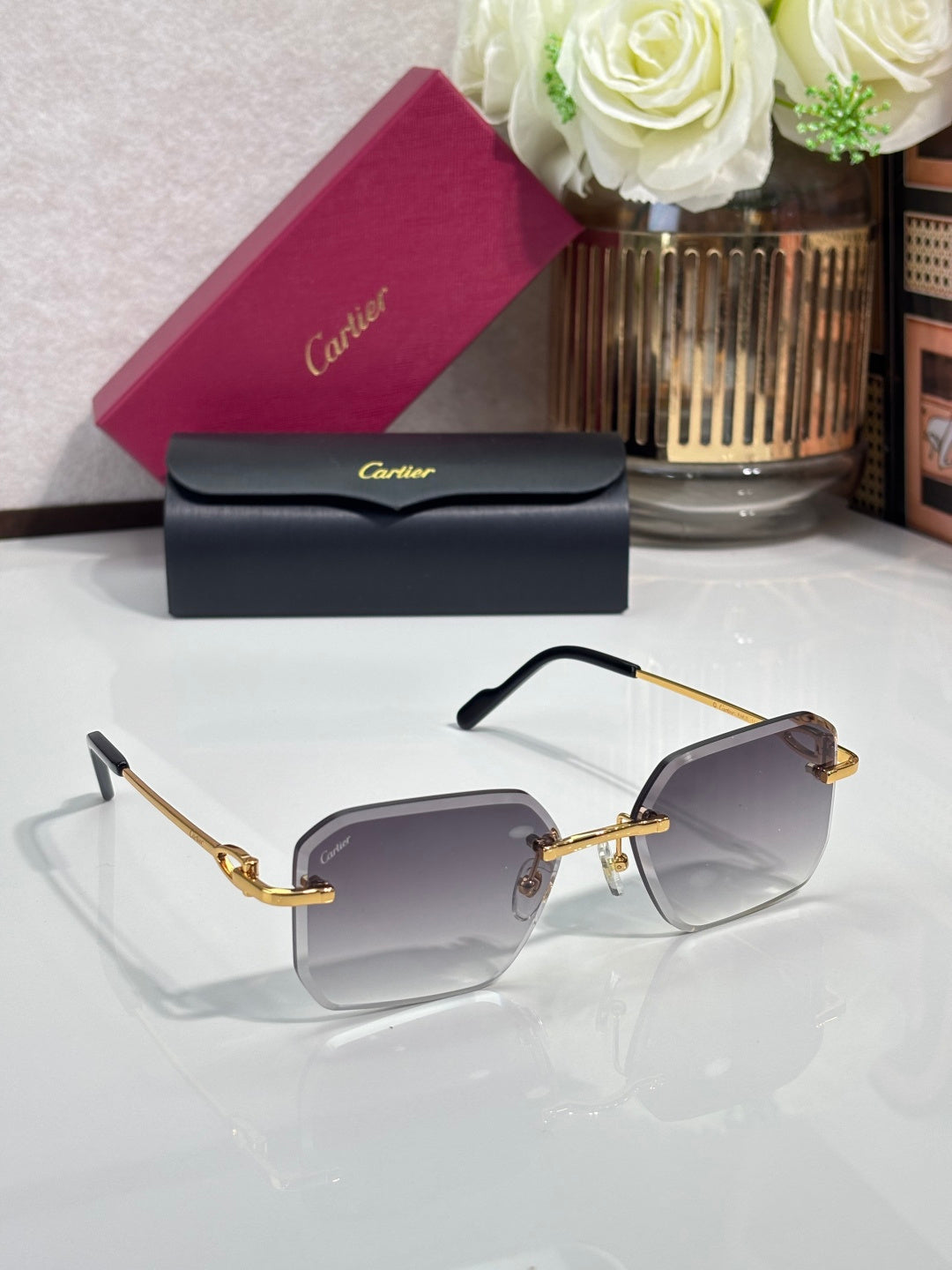 Metal-framed eyeglasses with clear gray tinted lenses
