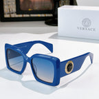 Versace sunglasses with blue square frames and tinted lenses, gold logo detail on temple