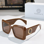 Versace sunglasses with brown square frames and tinted lenses, gold logo detail on temple