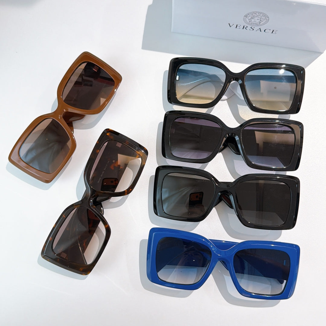 Versace sunglasses set with brown, black, and blue square frames and tinted lenses