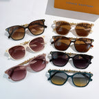 Louis Vuitton sunglasses set with gold chain temples and tinted lenses, multiple colors