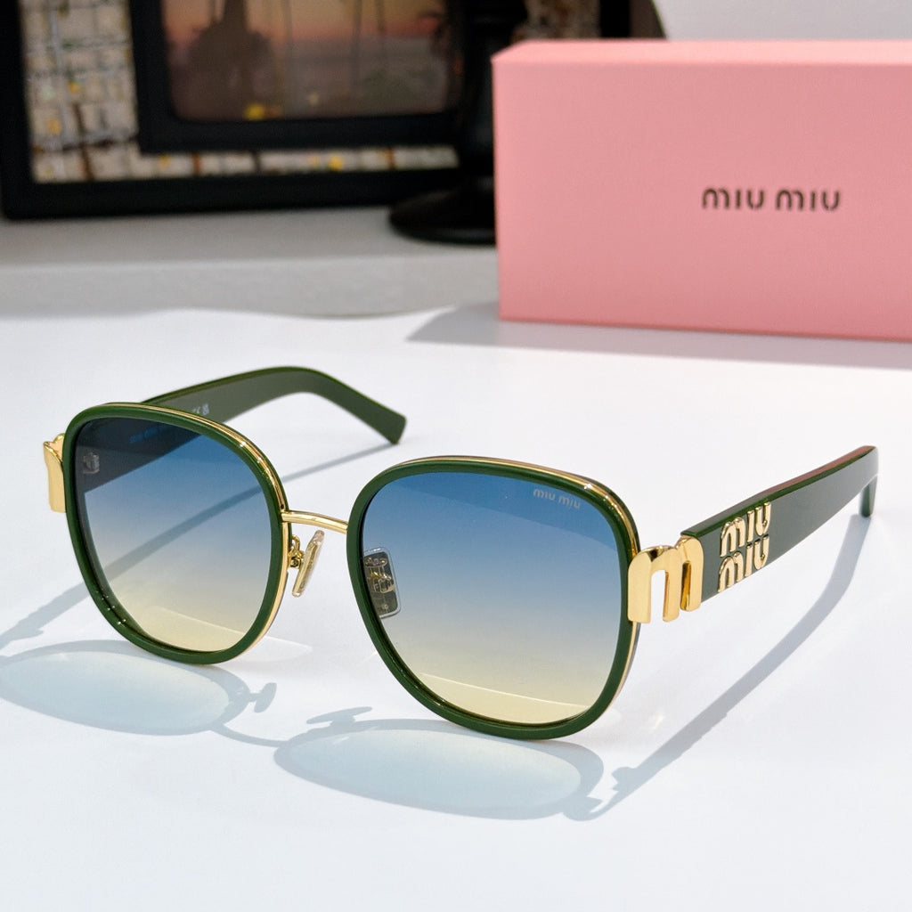 MiuMiu cat-eye sunglasses with dark green frame and blue tinted lenses, gold accents