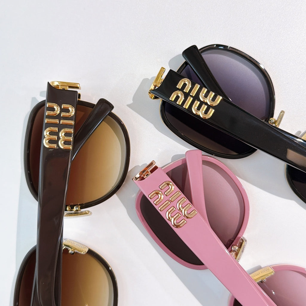 MiuMiu sunglasses assortment with black, brown, and pink frames and tinted lenses, gold hardware