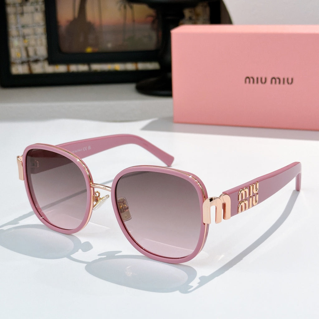 MiuMiu cat-eye sunglasses with pink frame and mauve tinted lenses, gold accents