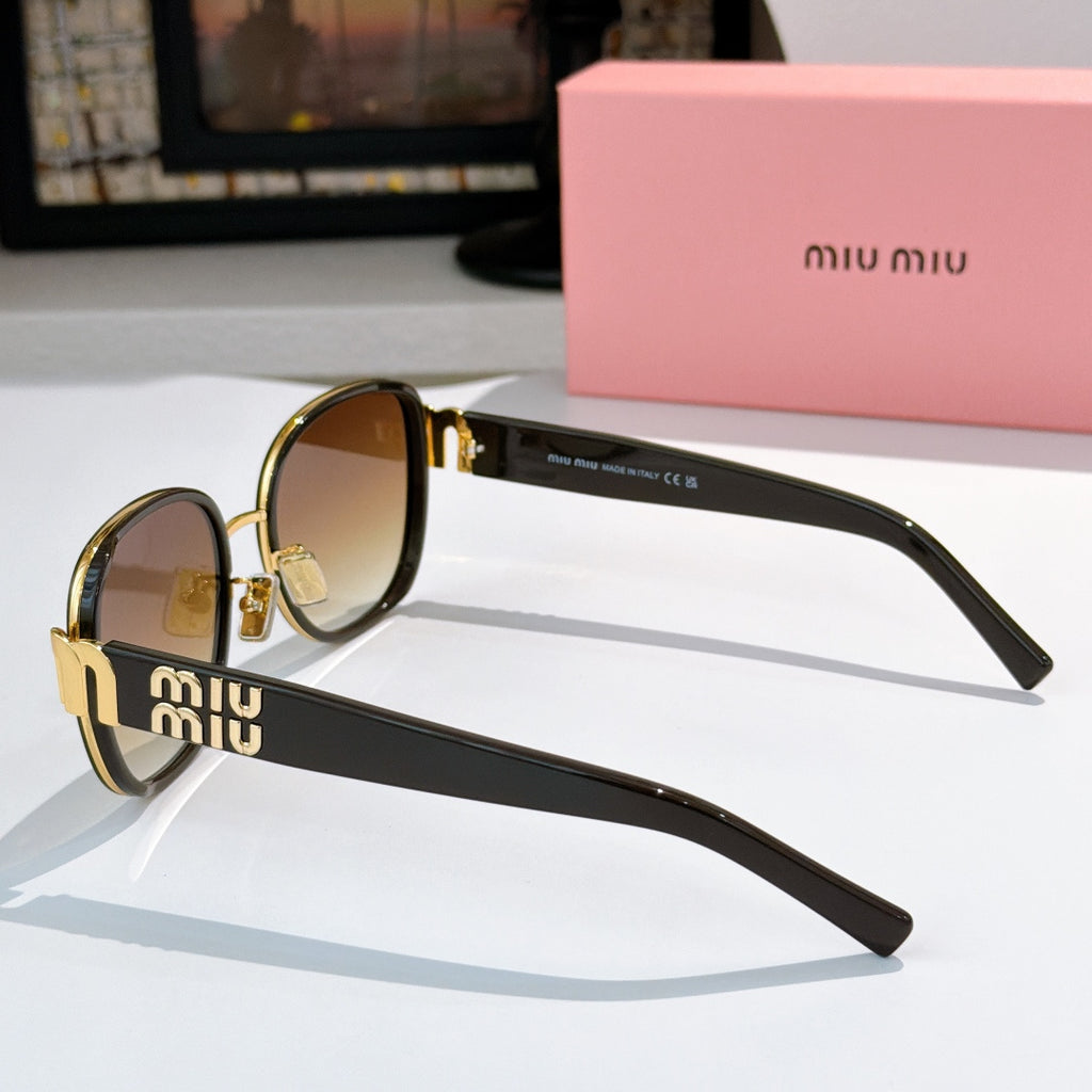 MiuMiu cat-eye sunglasses side view with dark frame, gold logo temples, amber tinted lenses
