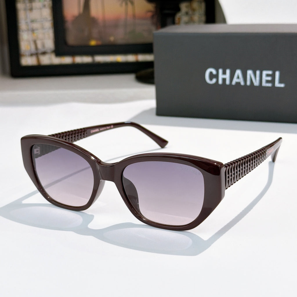 CHANEL brown cat-eye sunglasses with purple-tinted lenses and textured side arms