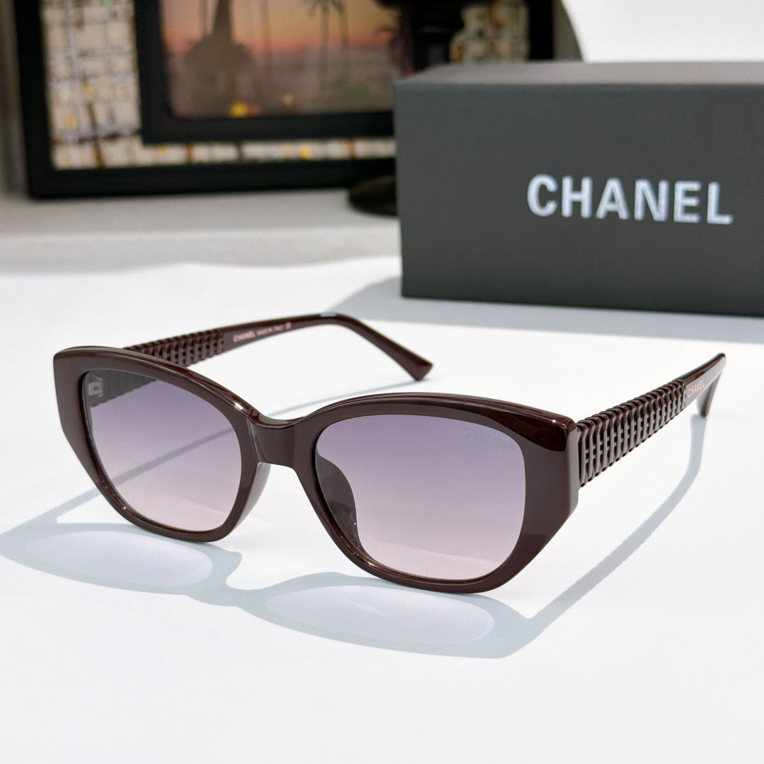 CHANEL brown cat-eye sunglasses with purple-tinted lenses and textured side arms