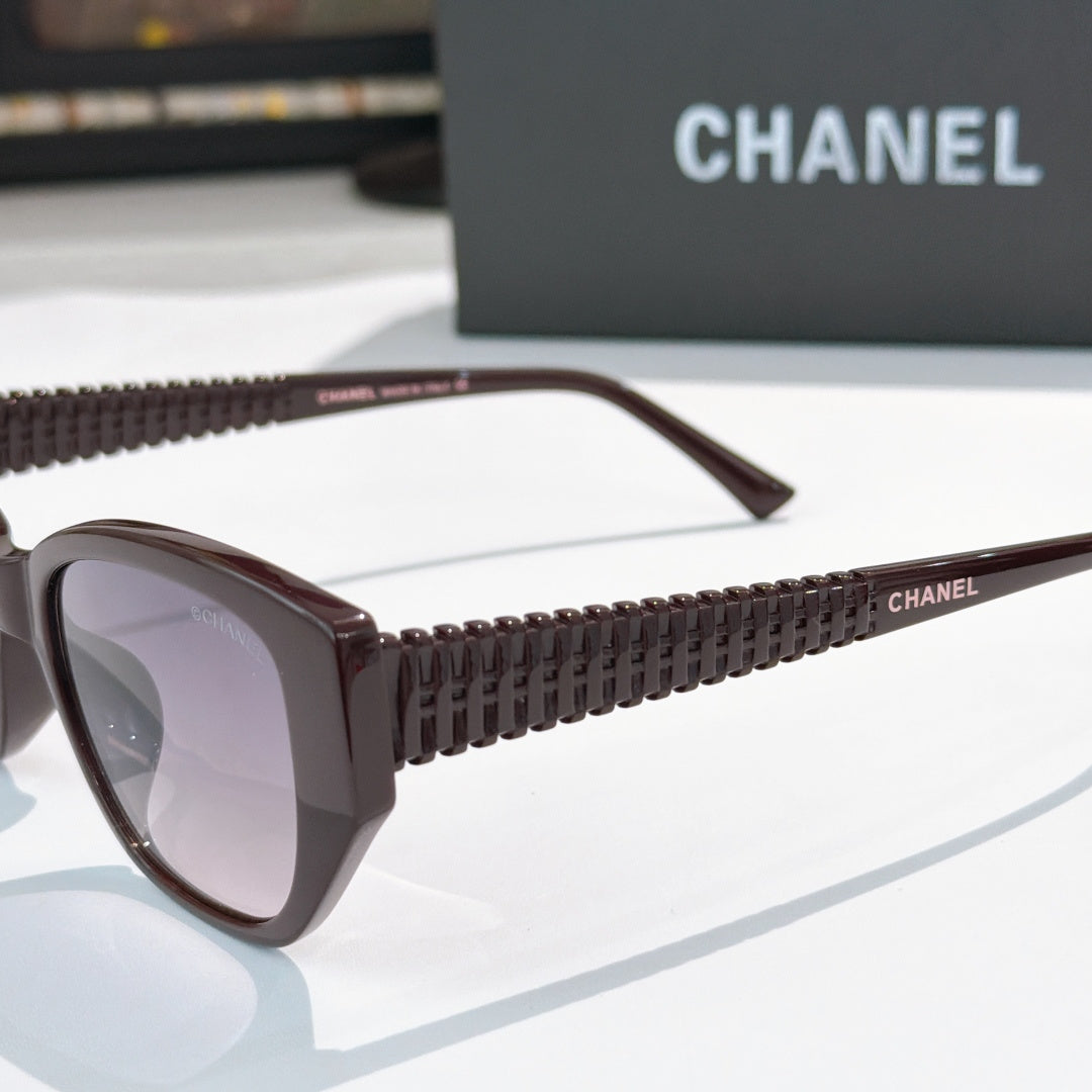 CHANEL brown sunglasses side view with textured bridge and temple detail