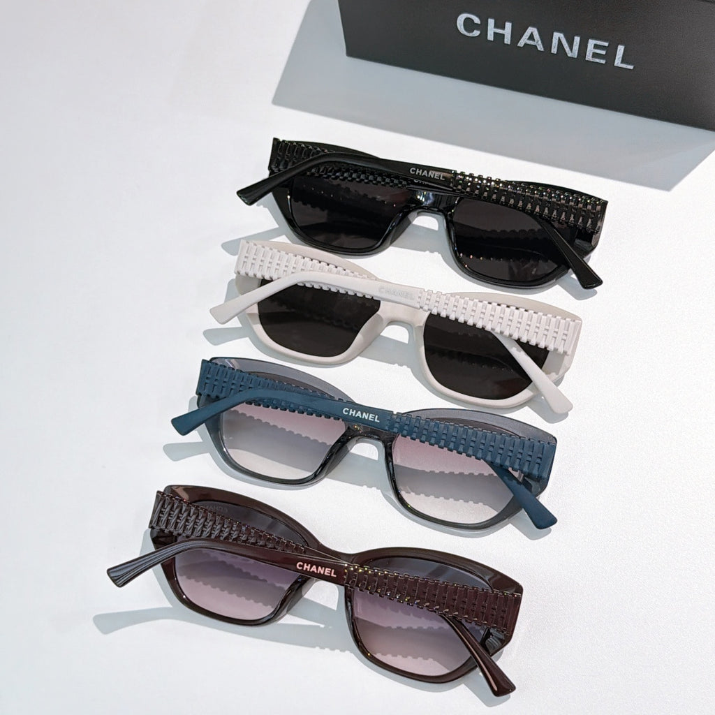 Assorted CHANEL sunglasses set: black, white, teal, and brown frames with tinted lenses