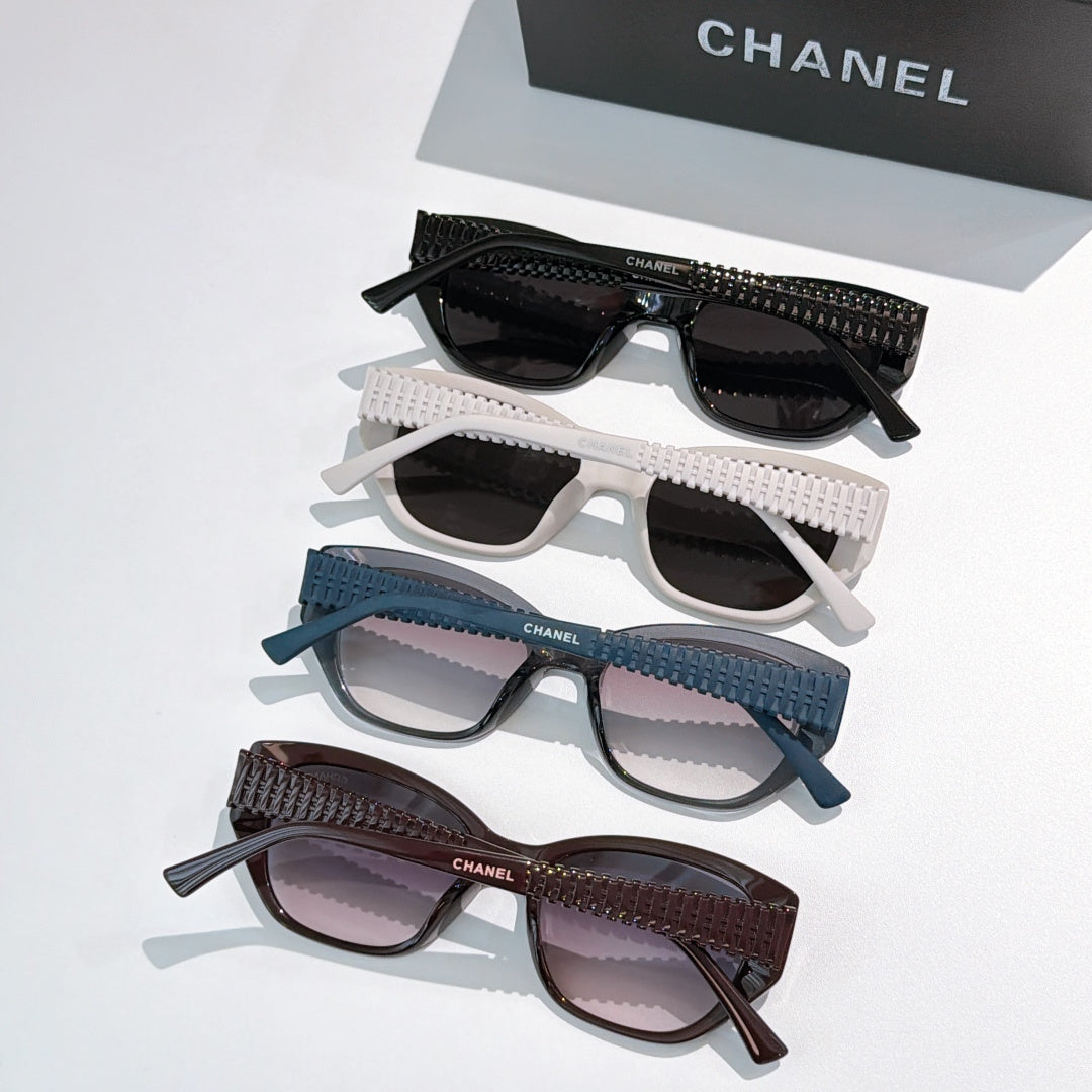 Assorted CHANEL sunglasses set: black, white, teal, and brown frames with tinted lenses