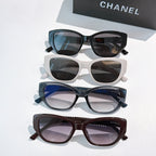 Assorted CHANEL sunglasses: black, white, blue, and brown frames with tinted lenses