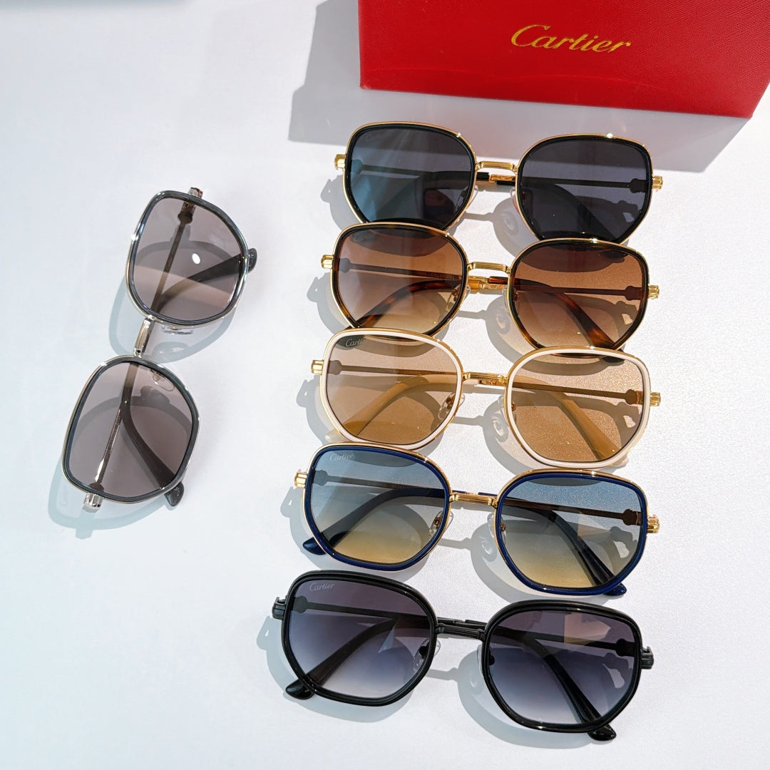 Assorted Cartier sunglasses with square frames and tinted lenses, multiple styles
