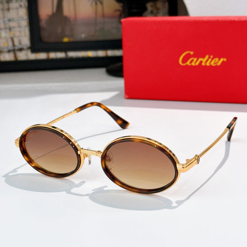 Round sunglasses with tortoiseshell rims and gold-tone metal, tinted lenses.