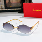 Cartier glasses with dark purple lenses and gold frame, curved cat-eye silhouette