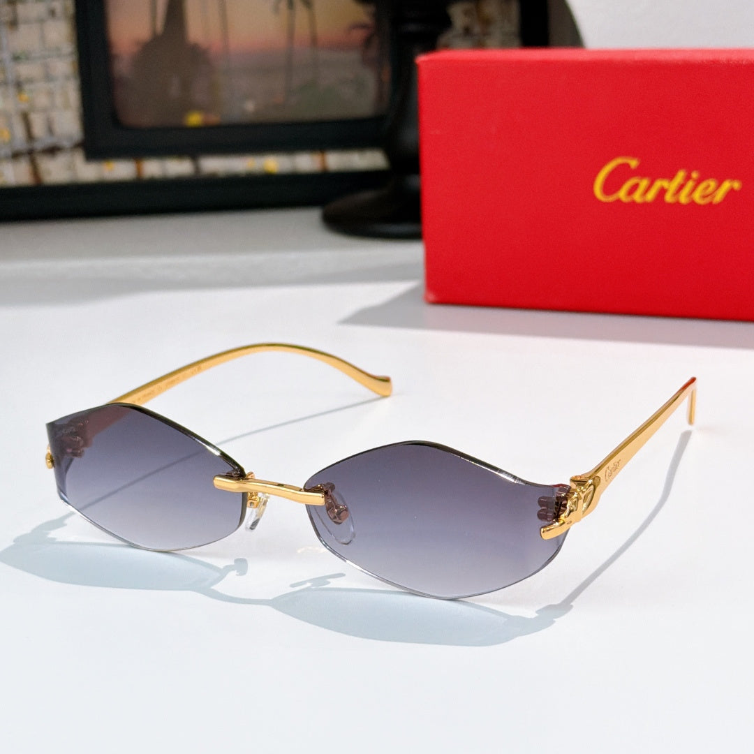 Cartier glasses with dark purple lenses and gold frame, curved cat-eye silhouette