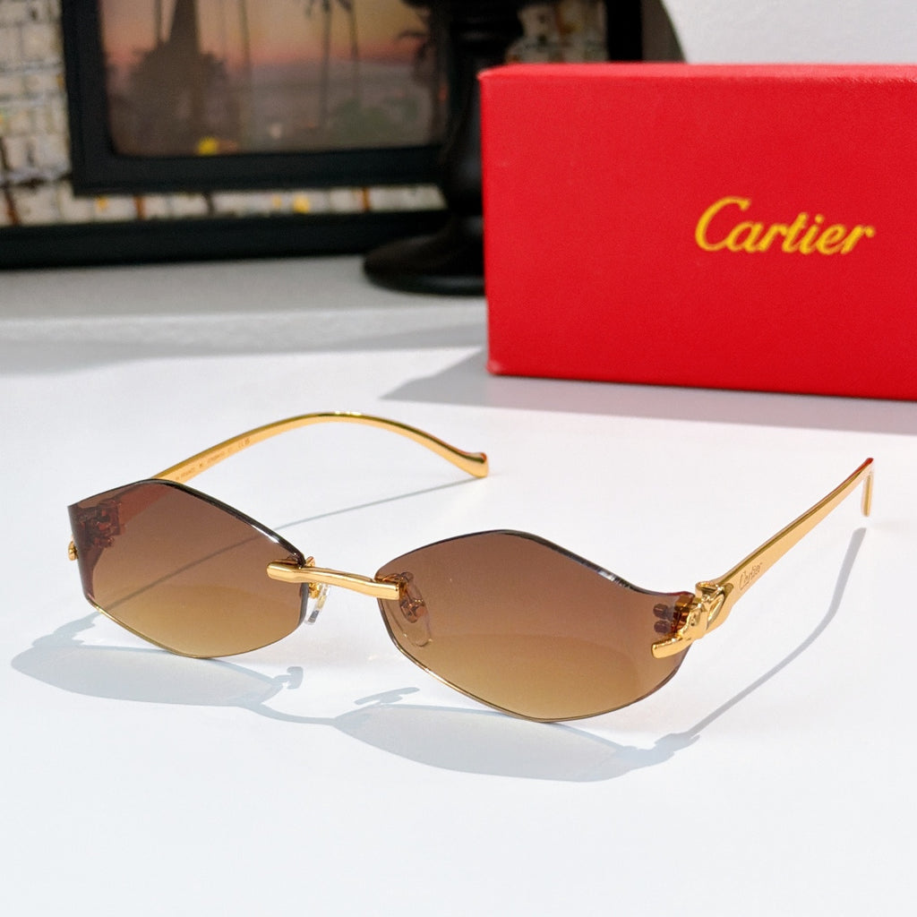 Cartier glasses with warm brown lenses and gold frame, angular cat-eye shape