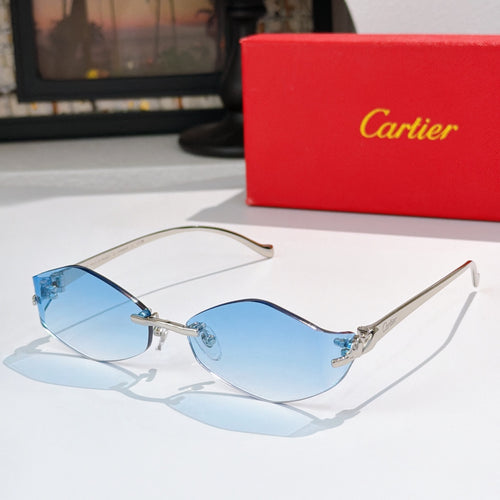 Cartier glasses with light blue lenses and silver frame, thin gold bridge detail