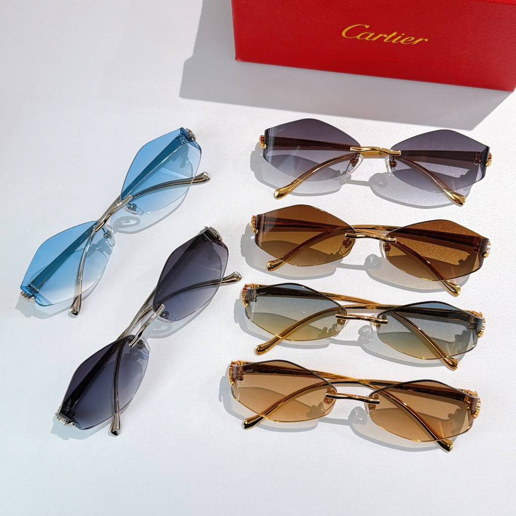 Cartier glasses set: blue, brown, dark, and gold frames with tinted lenses