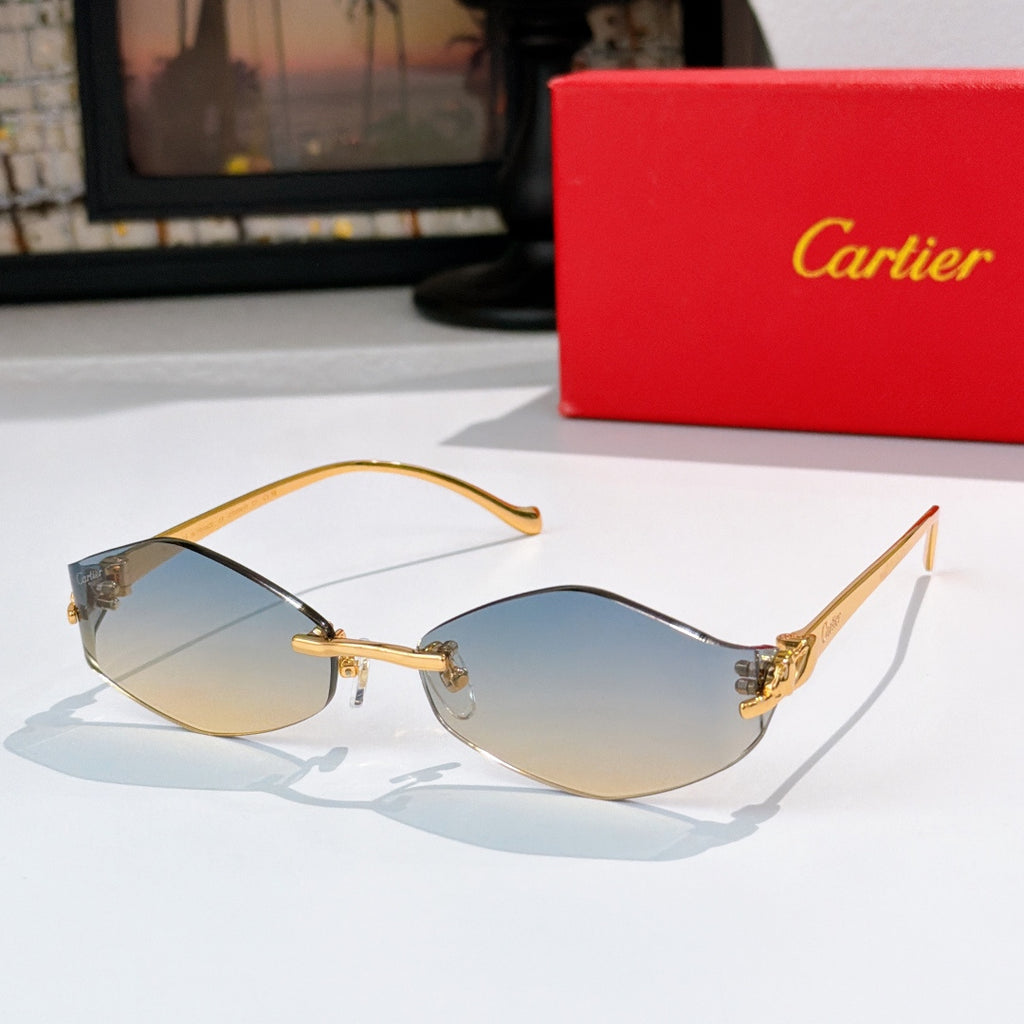 Cartier glasses with light blue lenses and gold frame, thin curved temples