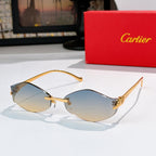 Cartier glasses with light blue lenses and gold frame, thin curved temples