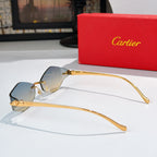 Cartier glasses side view with blue lenses and gold frame, slim long temples