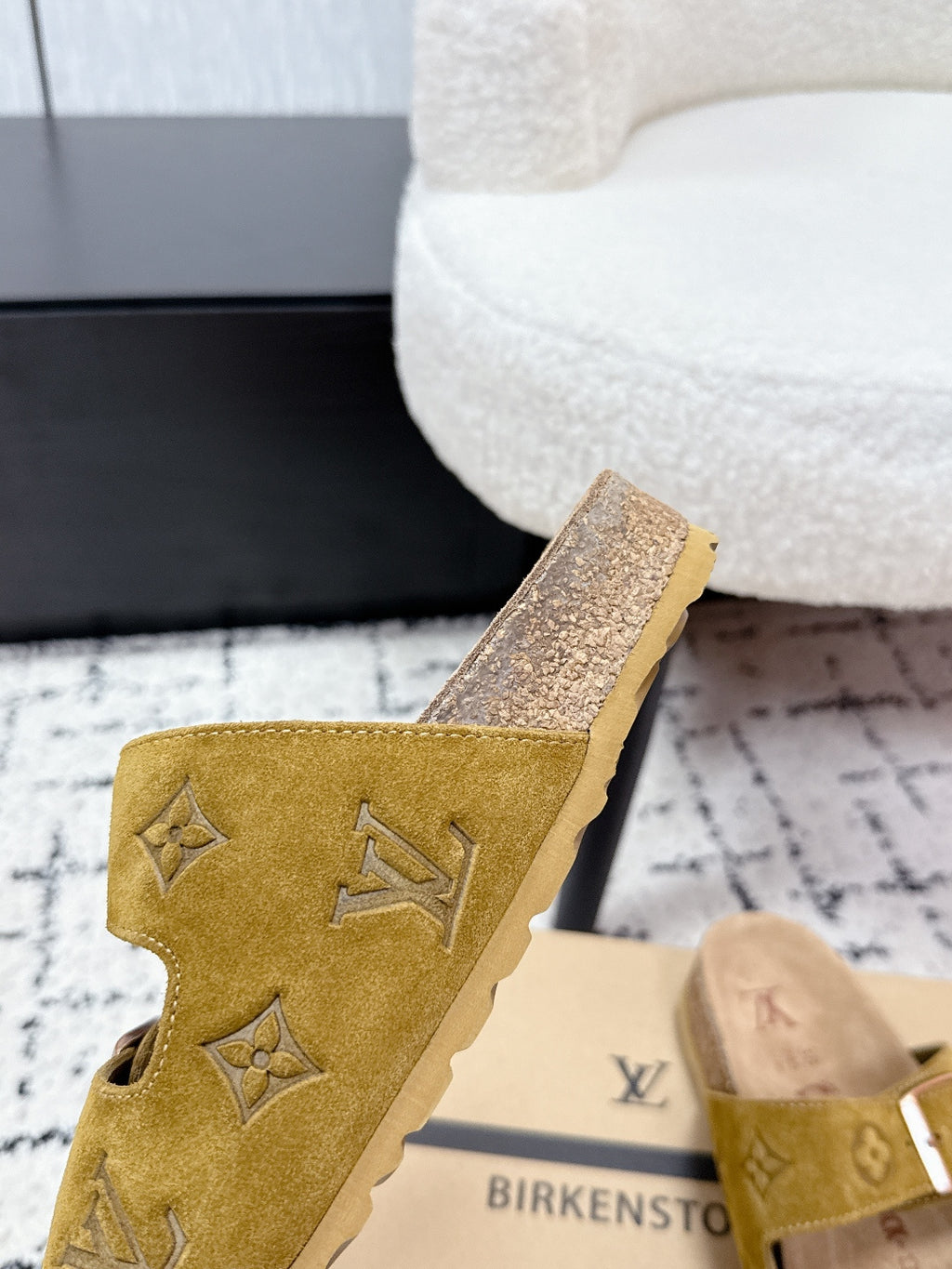 Louis Vuitton mustard sandal with buckle strap and textured logo insole