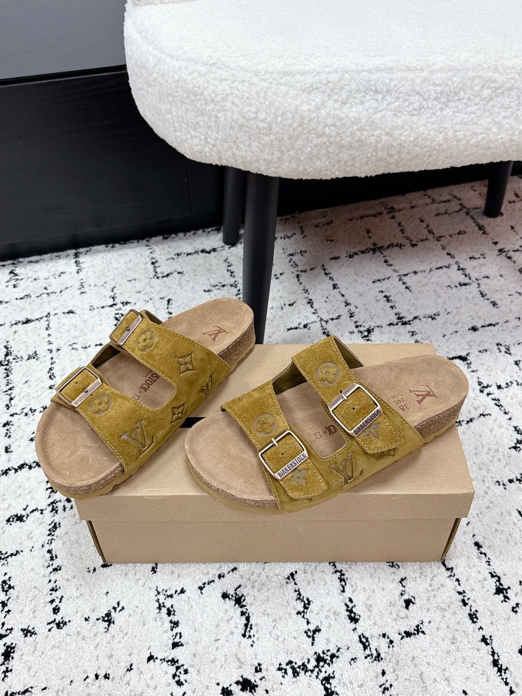 Louis Vuitton mustard slide sandals with two buckled straps and cork footbed