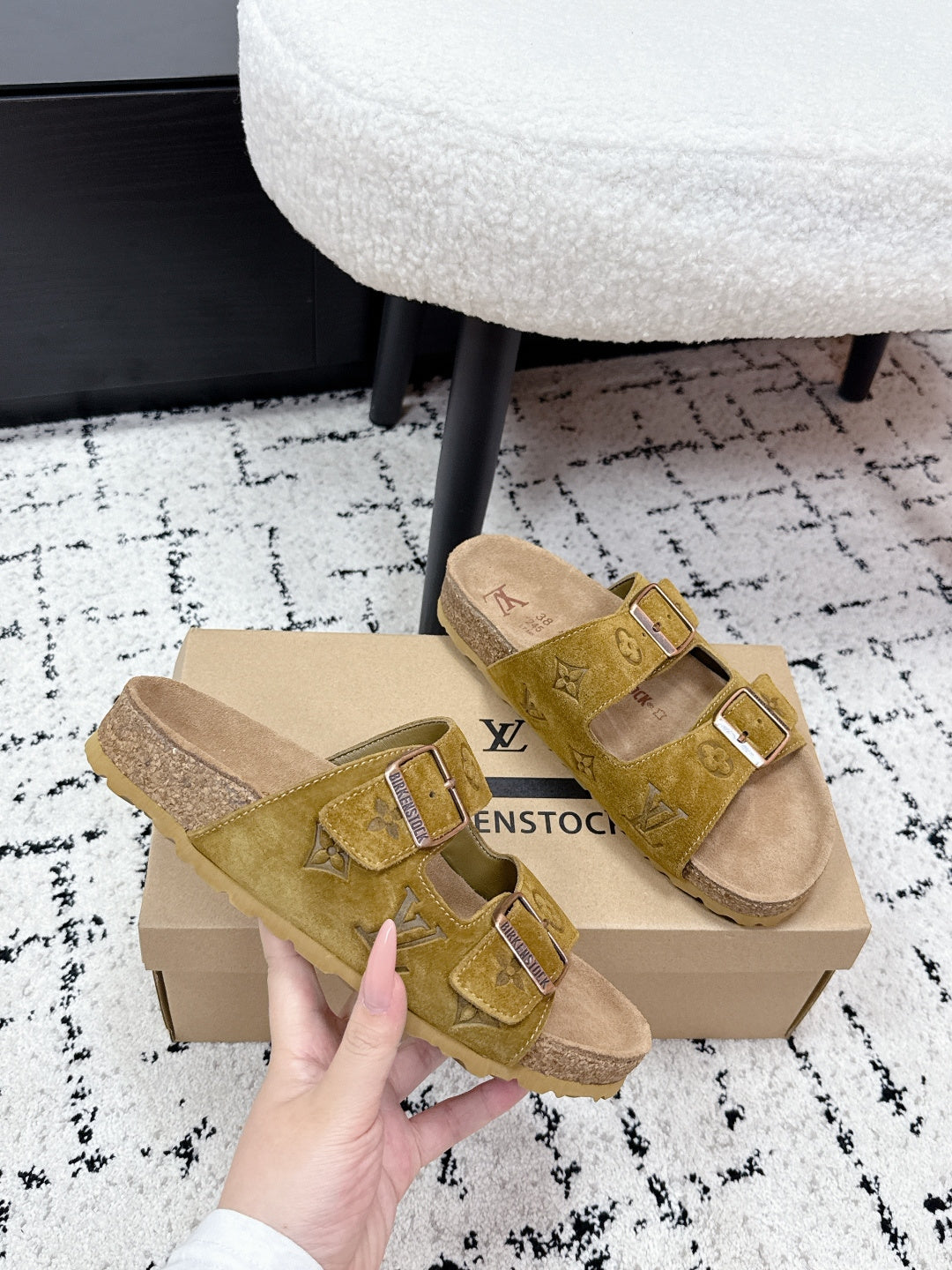 Louis Vuitton mustard sandals with two adjustable straps and metal buckles on cork sole