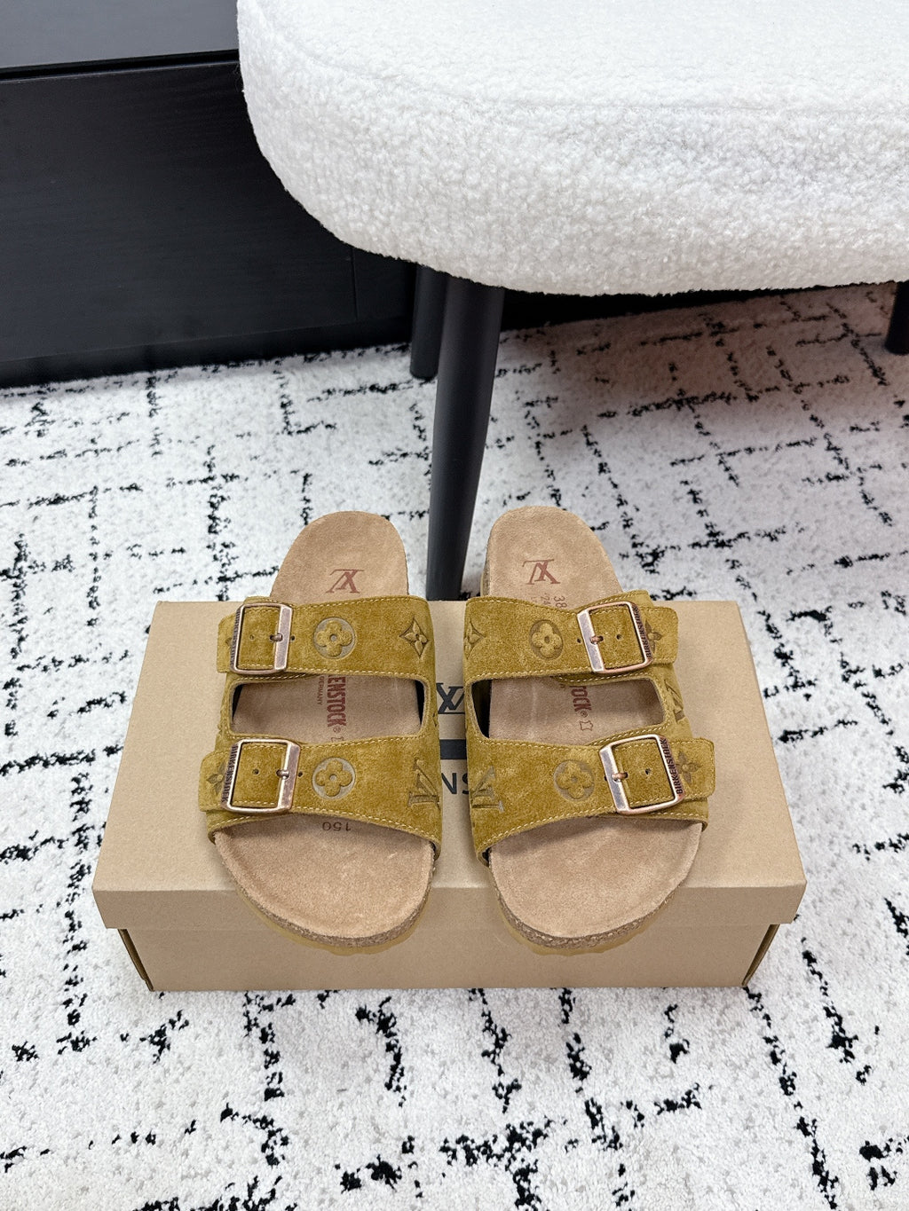 Louis Vuitton mustard sandals with two adjustable buckled straps and cork footbed