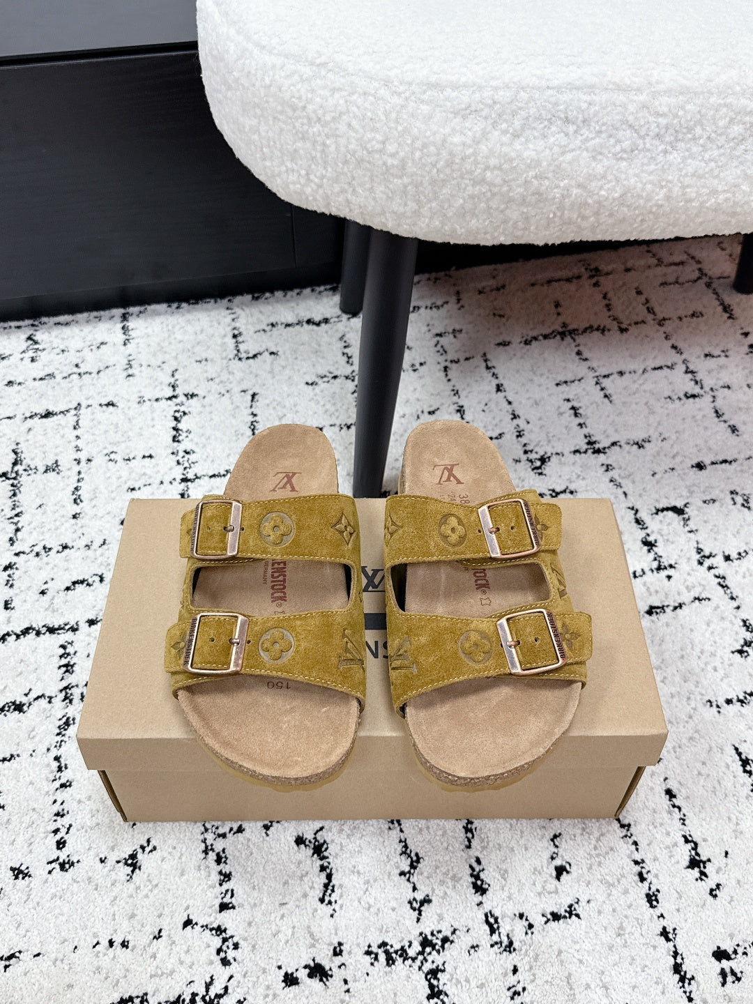 Louis Vuitton mustard sandals with two adjustable buckled straps and cork footbed