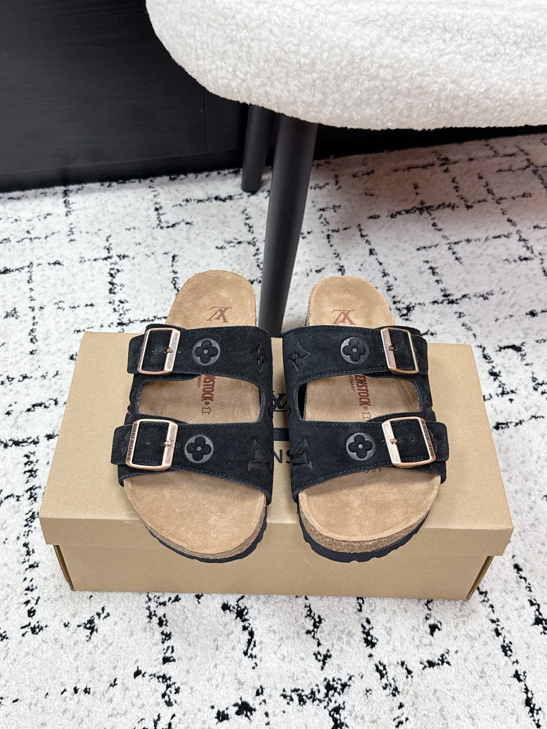 Louis Vuitton slide sandals, black suede with two buckle straps and tan footbeds