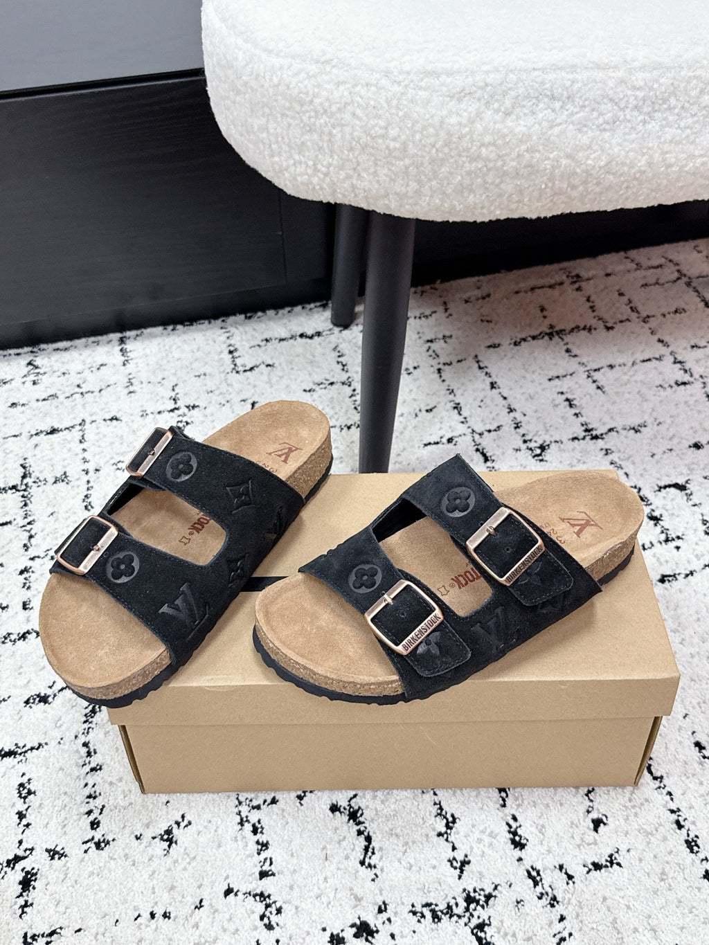 Louis Vuitton slide sandals on box, black suede with dual buckle straps and tan insoles