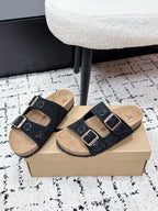 Louis Vuitton slide sandals on box, black suede with dual buckle straps and tan insoles
