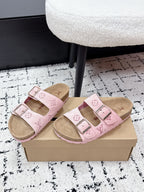 Louis Vuitton pink sandals on box, two buckled straps with monogram pattern