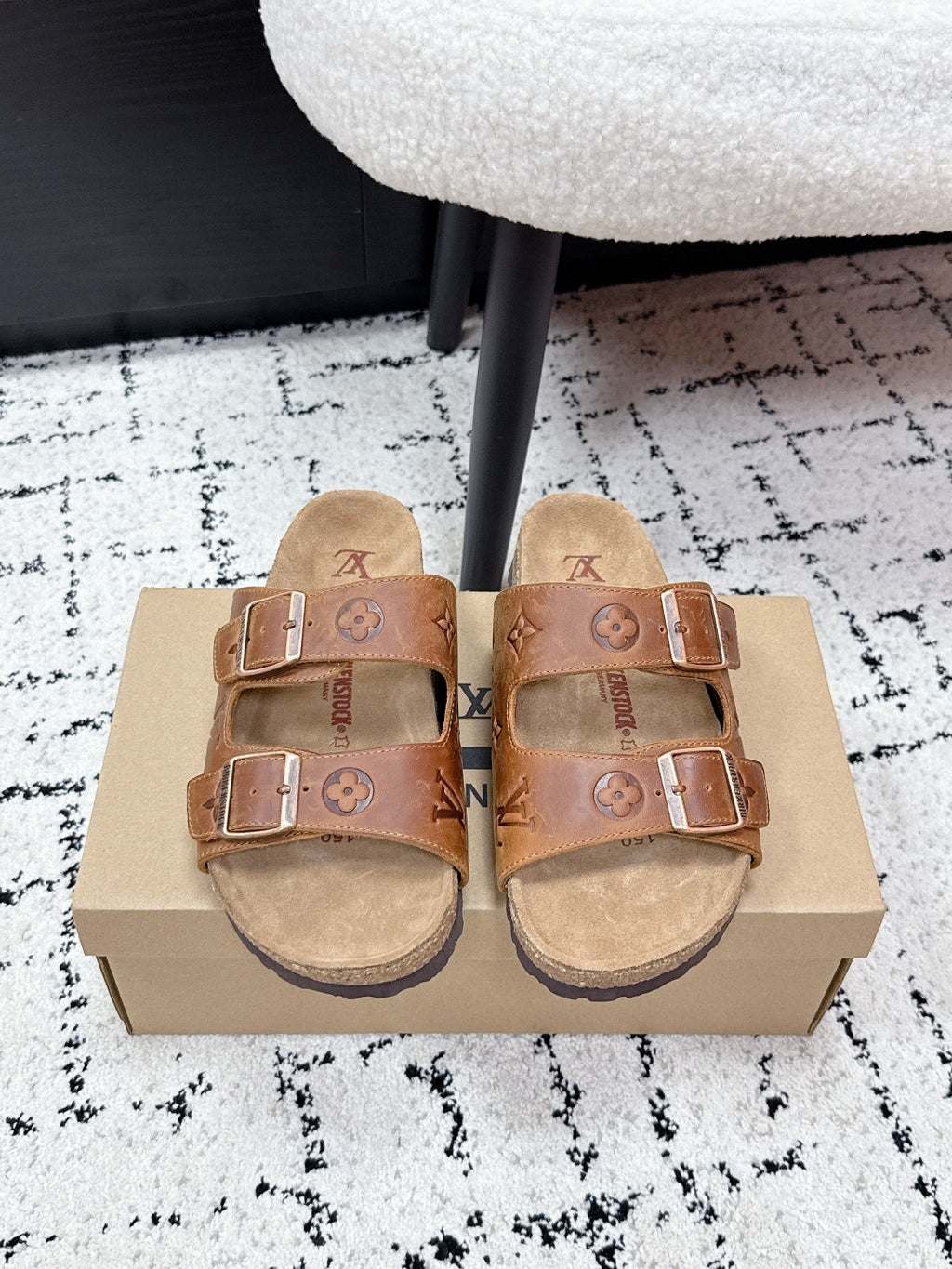 Tan Louis Vuitton monogram slide sandals, two adjustable buckle straps