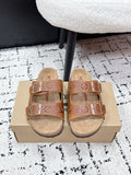 Tan Louis Vuitton monogram slide sandals, two adjustable buckle straps