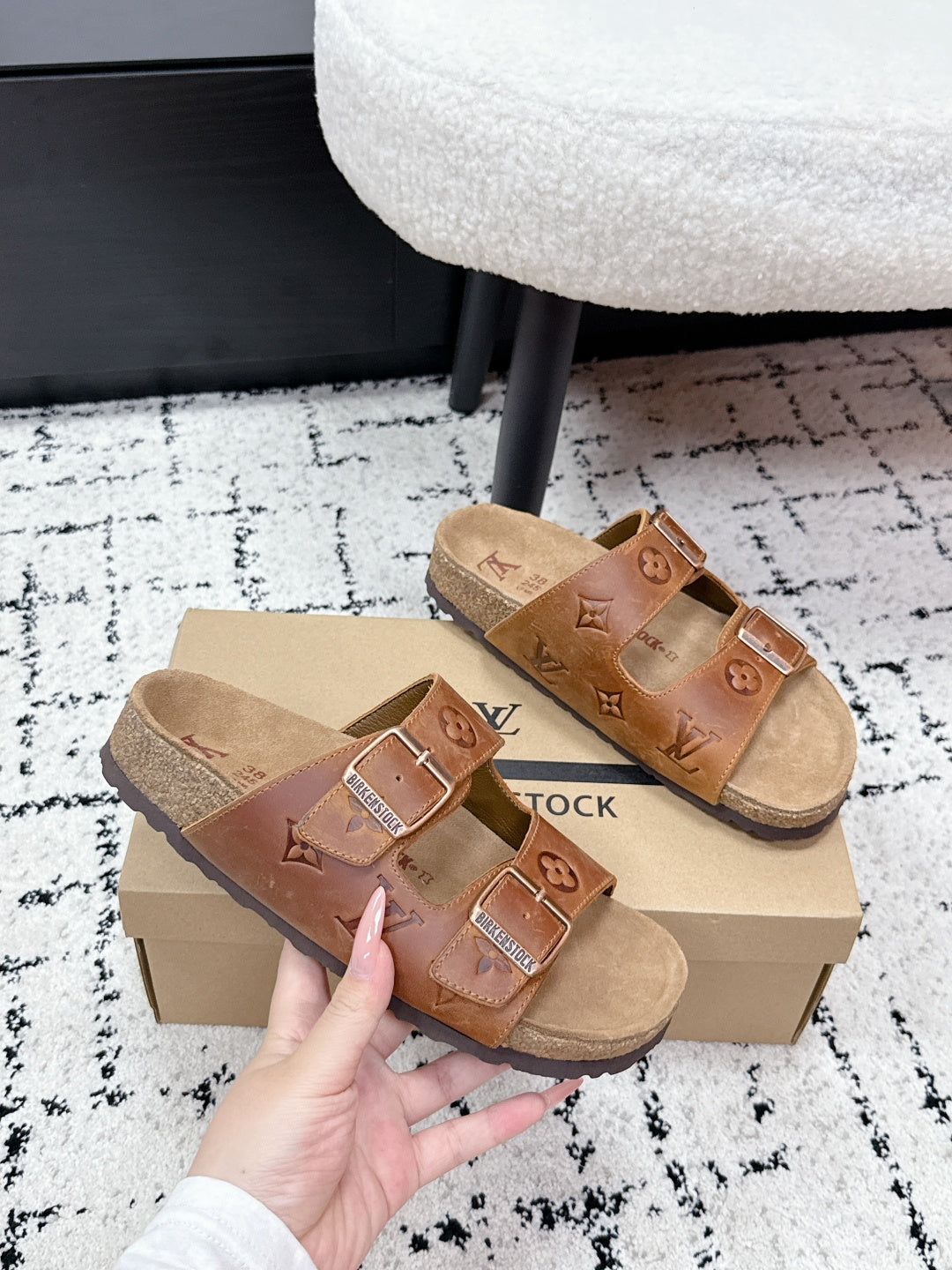 Tan Louis Vuitton monogram slide sandals, hand-held pair with two buckles