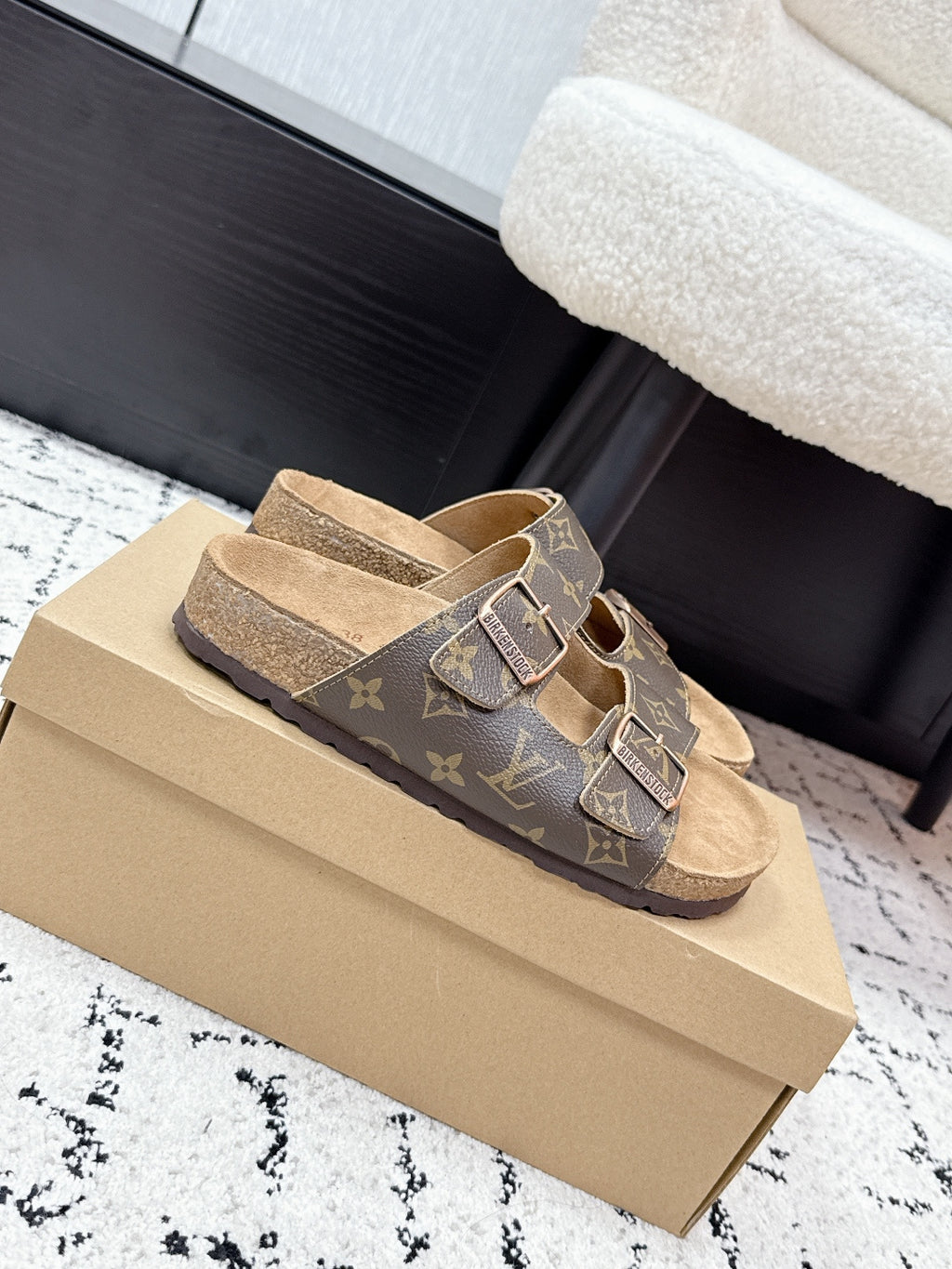 Louis Vuitton monogram slide sandals with double strap buckles, dark brown.